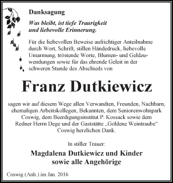Traueranzeige von Franz Dutkiewicz von WVG - Wochenspiegel Dessau / Köthen