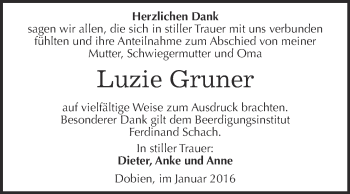 Traueranzeige von Luzie Gruner von Super Sonntag Wittenberg