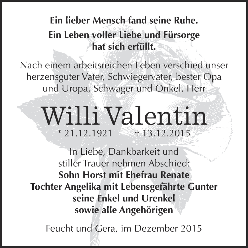  Traueranzeige für Willi Valentin vom 16.01.2016 aus Super Sonntag Zeitz