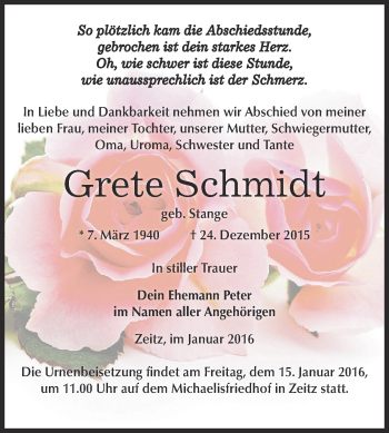 Traueranzeige von Grete Schmidt von Super Sonntag Zeitz