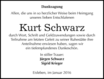 Traueranzeige von Kurt Schwarz von Mitteldeutsche Zeitung Mansfelder Land