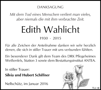 Traueranzeige von Edith Wahlicht von WVG - Wochenspiegel NMB / WSF / ZTZ