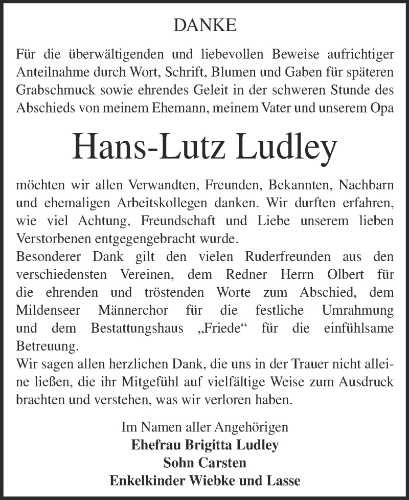  Traueranzeige für Hans-Lutz Ludley vom 16.01.2016 aus WVG - Wochenspiegel Dessau / Köthen