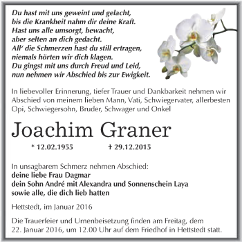 Traueranzeige von Joachim Graner von Wochenspiegel Mansfelder Land