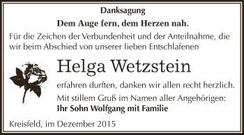 Traueranzeige von Helga Wetzstein von Super Sonntag SGH Mansf. Land