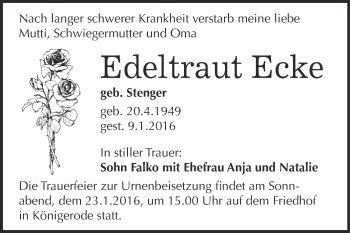 Traueranzeige von Edeltraut Ecke von Super Sonntag Merseburg