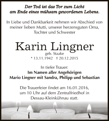Traueranzeige von Karin Lingner von WVG - Wochenspiegel Dessau / Köthen
