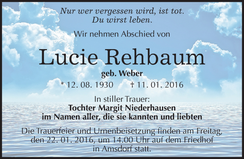  Traueranzeige für Lucie Rehbaum vom 14.01.2016 aus Mitteldeutsche Zeitung Mansfelder Land