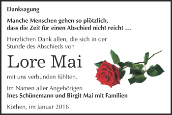 Traueranzeige von Lore Mai von WVG - Wochenspiegel Dessau / Köthen