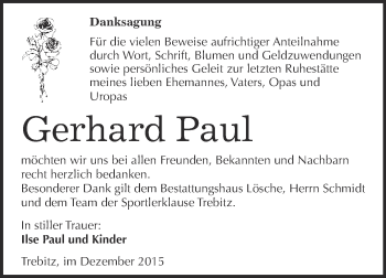 Traueranzeige von Gerhard Paul von WVG - Wochenspiegel Wittenberg
