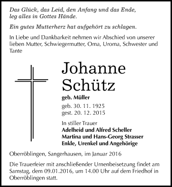 Traueranzeige von Johanne Schütz von Mitteldeutsche Zeitung Sangerhausen