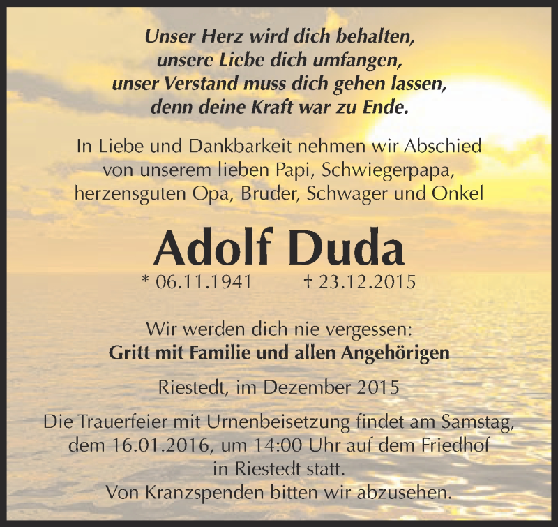  Traueranzeige für Adolf Duda vom 09.01.2016 aus Super Sonntag SGH Mansf. Land