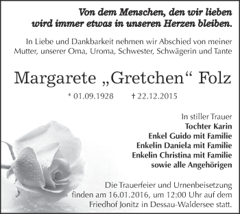 Traueranzeige von Margarete Gretchen Folz von WVG - Wochenspiegel Dessau / Köthen