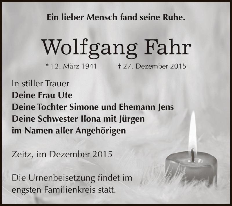  Traueranzeige für Wolfgang Fahr vom 02.01.2016 aus Super Sonntag Zeitz