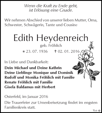 Traueranzeige von Edith Heydenreich von Super Sonntag Zeitz