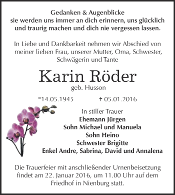 Traueranzeige von Karin Röder von Super Sonntag Bernburg
