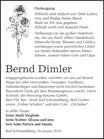 Traueranzeige von Bernd Dimler von WVG - Wochenspiegel Wittenberg