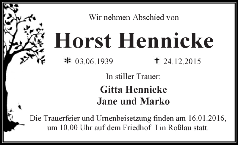  Traueranzeige für Horst Hennicke vom 09.01.2016 aus WVG - Wochenspiegel Dessau / Köthen