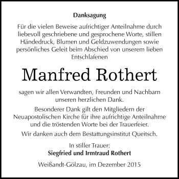 Traueranzeige von Manfred Rothert von WVG - Wochenspiegel Dessau / Köthen