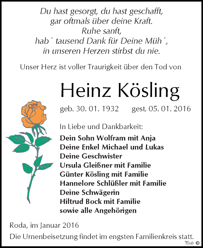  Traueranzeige für Heinz Kösling vom 16.01.2016 aus Super Sonntag Zeitz