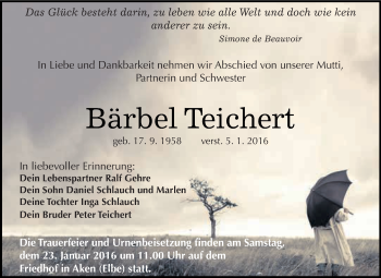 Traueranzeige von Bärbel Teichert von WVG - Wochenspiegel Dessau / Köthen