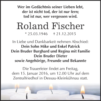 Traueranzeige von Roland Fischer von WVG - Wochenspiegel Dessau / Köthen
