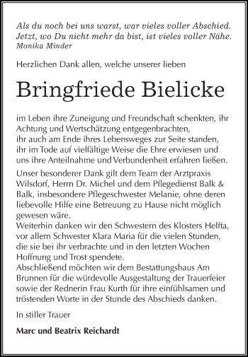 Traueranzeige von Bringfriede Bielicke von Super Sonntag SGH Mansf. Land