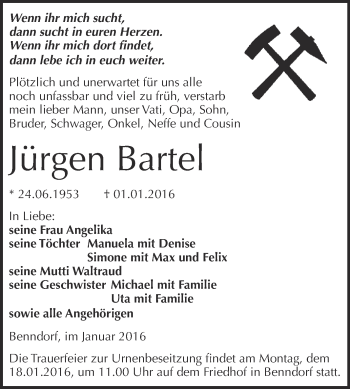 Traueranzeige von Jürgen Bartel von Super Sonntag SGH Mansf. Land