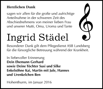 Traueranzeige von Ingrid Städel von Mitteldeutsche Zeitung Halle/Saalkreis