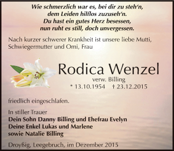 Traueranzeige von Rodica Wenzel von Mitteldeutsche Zeitung Zeitz