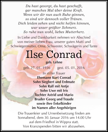 Traueranzeige von Ilse Conrad von Super Sonntag SGH Mansf. Land