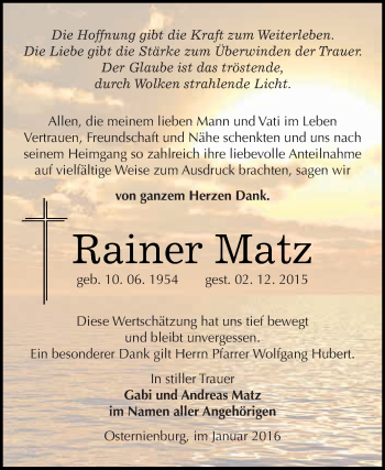 Traueranzeige von Rainer Matz von WVG - Wochenspiegel Dessau / Köthen