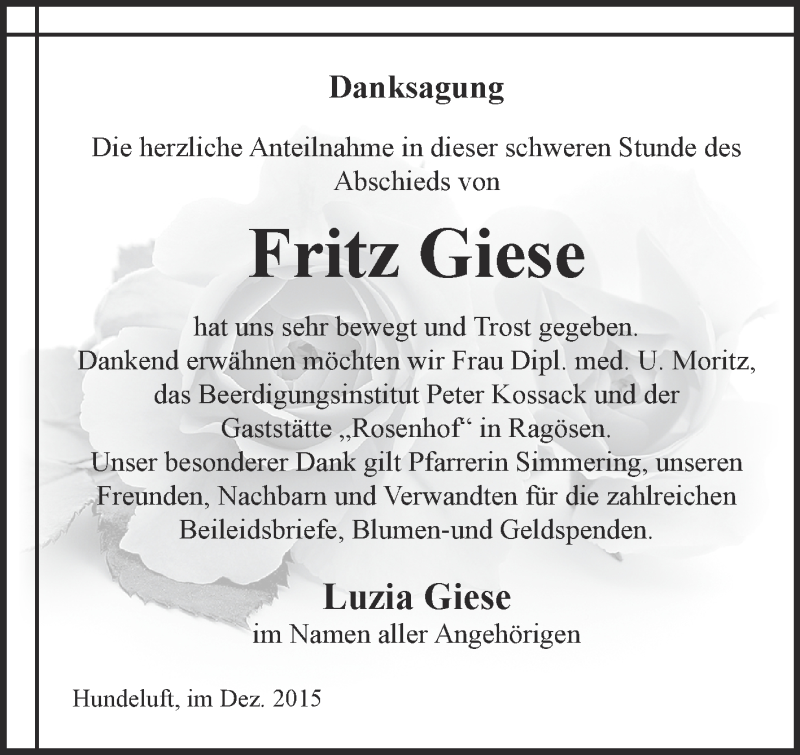  Traueranzeige für Fritz Giese vom 09.01.2016 aus WVG - Wochenspiegel Dessau / Köthen