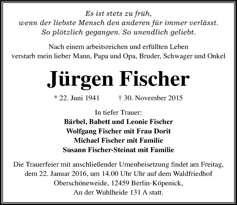  Traueranzeige für Jürgen Fischer vom 16.01.2016 aus Mitteldeutsche Zeitung Quedlinburg