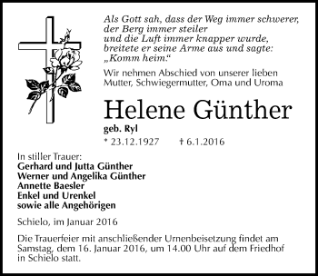 Traueranzeige von Helene Günther von Mitteldeutsche Zeitung Quedlinburg