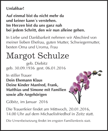 Traueranzeige von Margot Schulze von Super Sonntag Zeitz