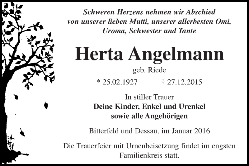  Traueranzeige für Herta Angelmann vom 09.01.2016 aus Super Sonntag Dessau / Köthen