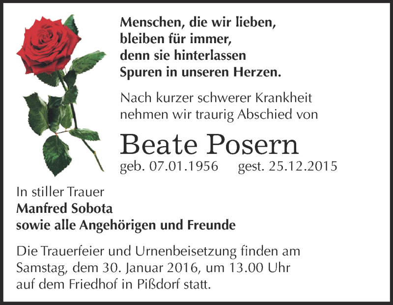  Traueranzeige für Beate Posern vom 09.01.2016 aus WVG - Wochenspiegel Dessau / Köthen