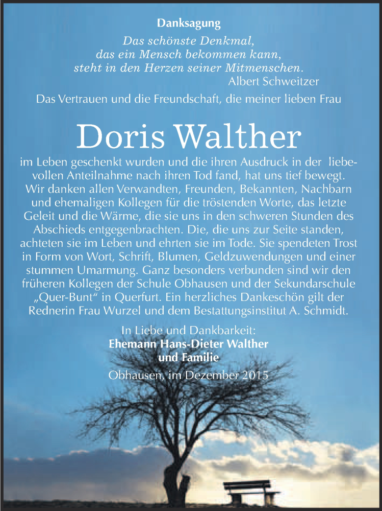  Traueranzeige für Doris Walther vom 09.01.2016 aus WVG - Wochenspiegel NMB / WSF / ZTZ