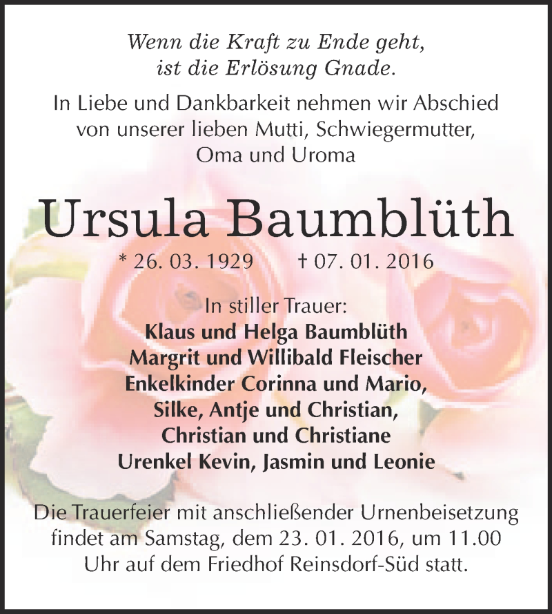  Traueranzeige für Ursula Baumblüth vom 16.01.2016 aus WVG - Wochenspiegel Wittenberg