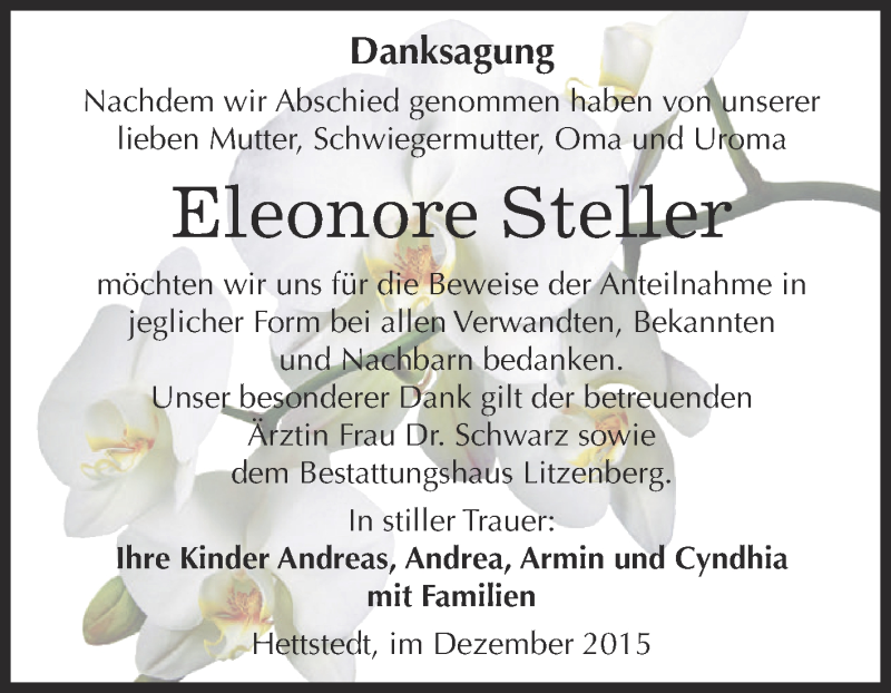  Traueranzeige für Eleonore Steller vom 06.01.2016 aus Wochenspiegel Mansfelder Land
