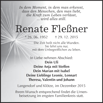 Traueranzeige von Renate Fleßner von WVG - Wochenspiegel NMB / WSF / ZTZ