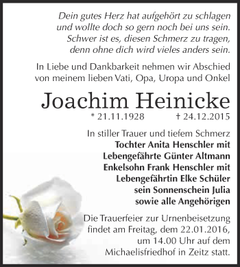 Traueranzeige von Joachim Heinicke von Super Sonntag Zeitz