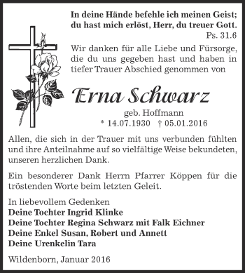 Traueranzeige von Erna Schwarz von Super Sonntag Zeitz