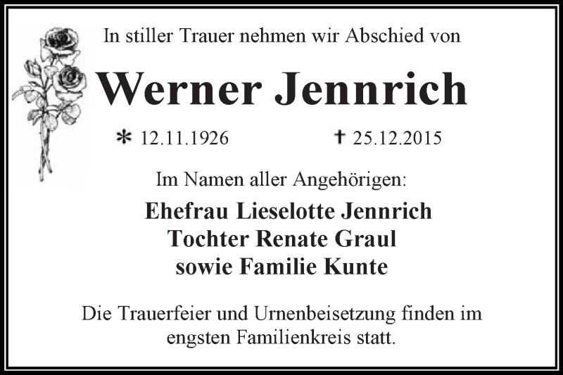  Traueranzeige für Werner Jennrich vom 09.01.2016 aus WVG - Wochenspiegel Dessau / Köthen