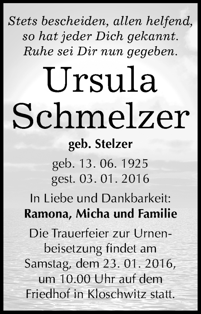  Traueranzeige für Ursula Schmelzer vom 09.01.2016 aus Mitteldeutsche Zeitung Halle/Saalkreis