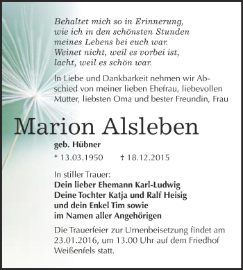 Traueranzeige von Marion Alsleben von WVG - Wochenspiegel NMB / WSF / ZTZ