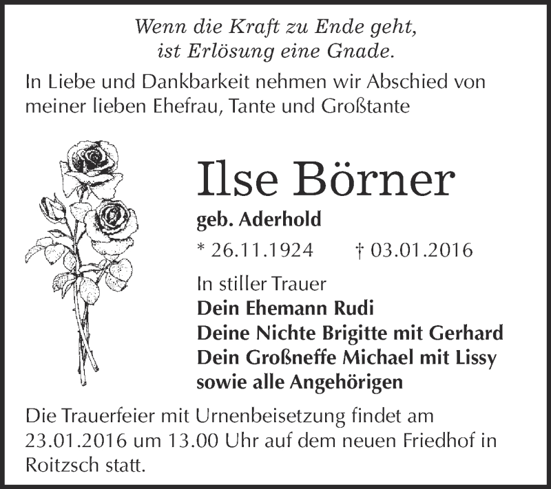  Traueranzeige für Ilse Börner vom 13.01.2016 aus WVG - Wochenspiegel Bitterfeld