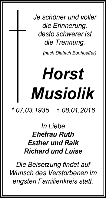 Traueranzeige von Horst Musiolik von WVG - Wochenspiegel Wittenberg
