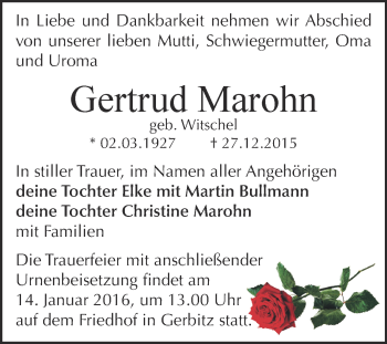 Traueranzeige von Gertrud Marohn von Super Sonntag Bernburg